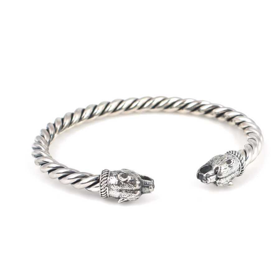925 Sterling Silver Men's Bracelet - Bear Head Twisted Cuff
