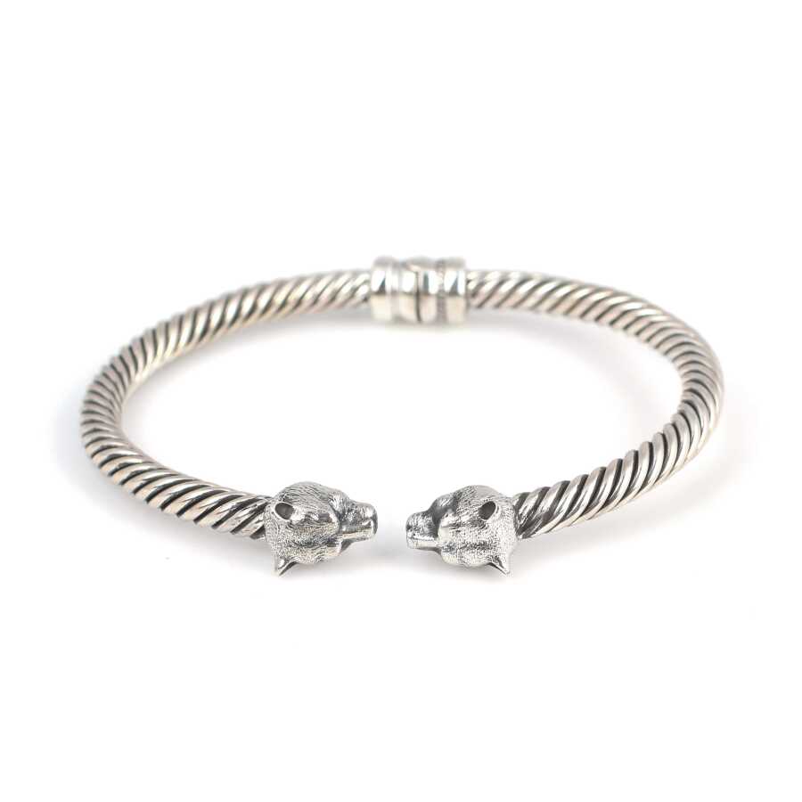 925 Sterling Silver Bear Head Men's Twisted Bracelet