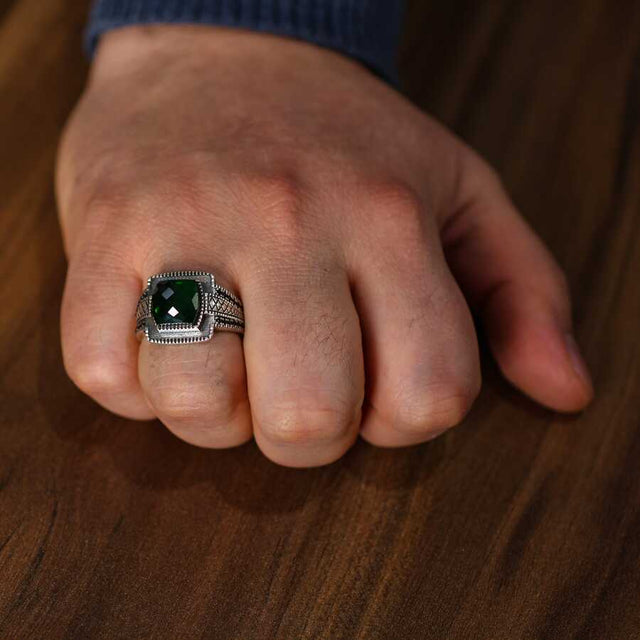 Sterling Silver Synthetic Emerald Men's Ring - Four-Cornered Faceted Stone