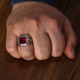 925 Sterling Silver Men's Ring with Four-Cornered Synthetic Ruby
