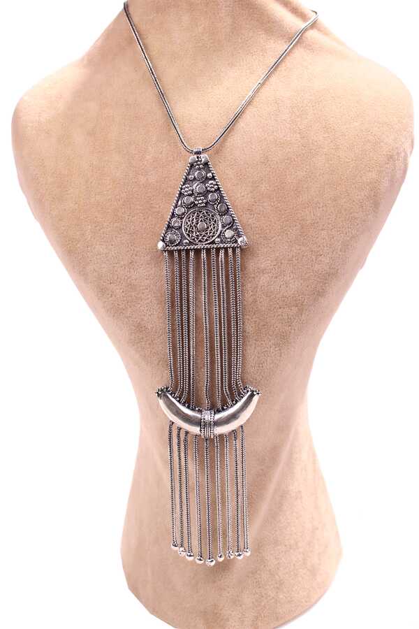Oxidized Sterling Silver Triangle Moon Long Pendant Necklace