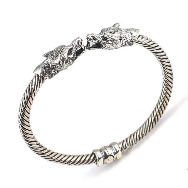 925 Sterling Silver Men's Wolf Head Twisted Spring-Hinged Bracelet