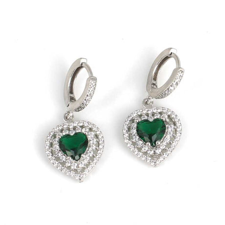 Sterling Silver Double Row Heart Halo Emerald Zircon Earrings