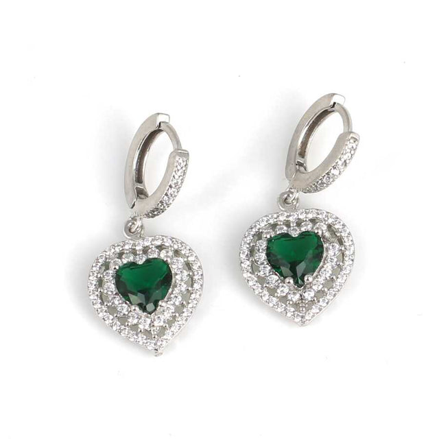 Sterling Silver Double Row Heart Halo Emerald Zircon Earrings