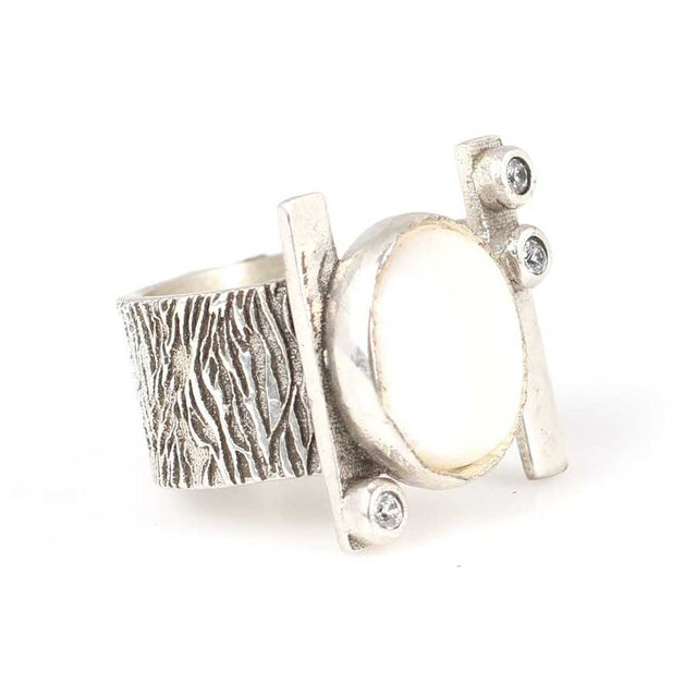 925 Sterling Silver Tree Bark Open Ring with Mother-of-Pearl & Zircons