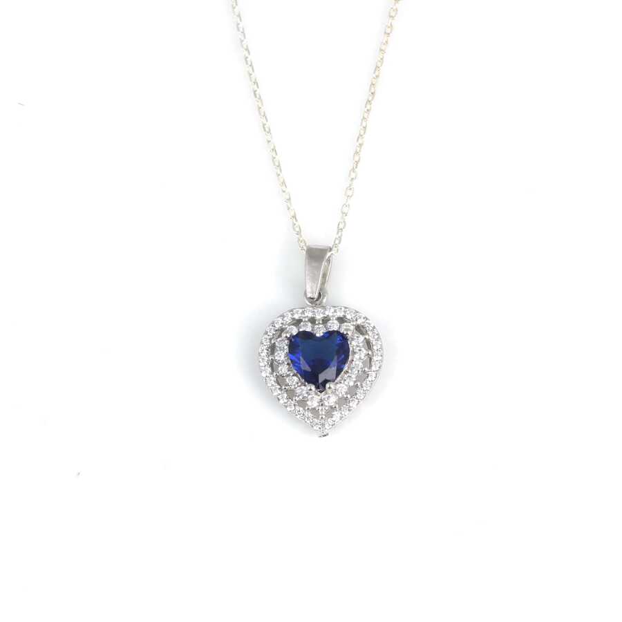 Sterling Silver Heart Double Halo Sapphire Zircon Necklace