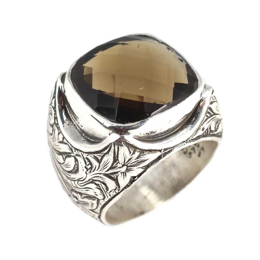 Anillo de Plata de Ley para Hombre - Piedra de Cuarzo Ahumado Grabada a Mano