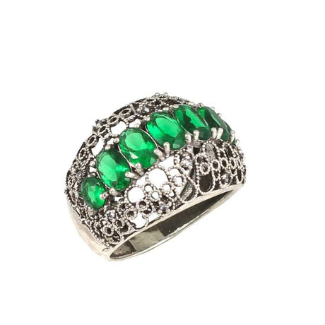 Sterling Silver Filigree Ring - Green and White Zircon Stones