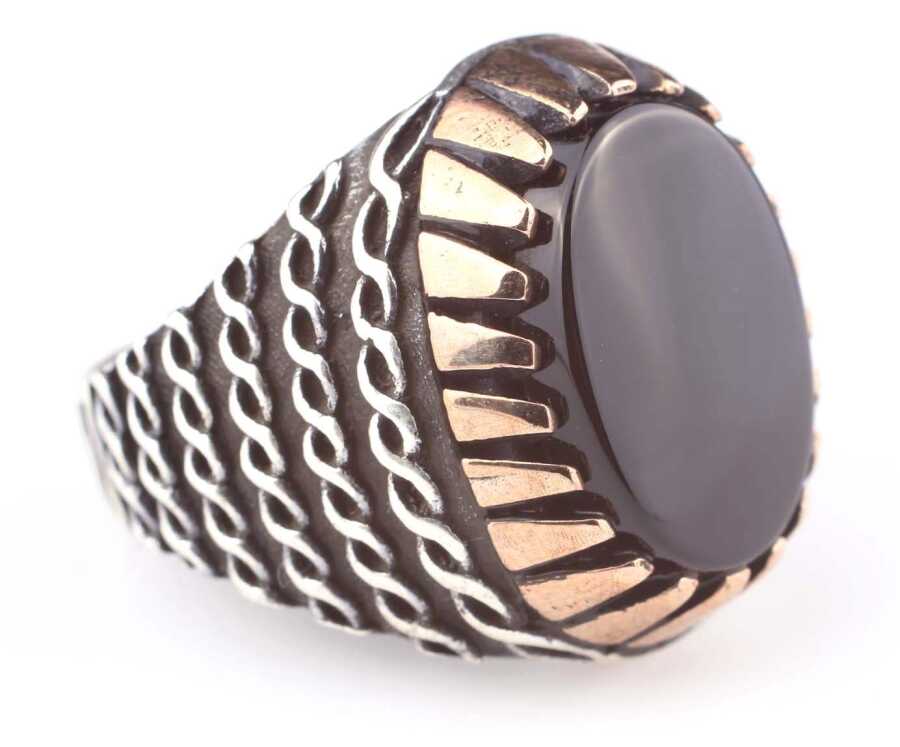 925 Sterling Silver Men's Onyx Ring - Intricate Twisted Design