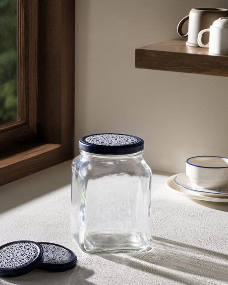 Square Glass Food Storage Container - Blue & White - 1600 ml