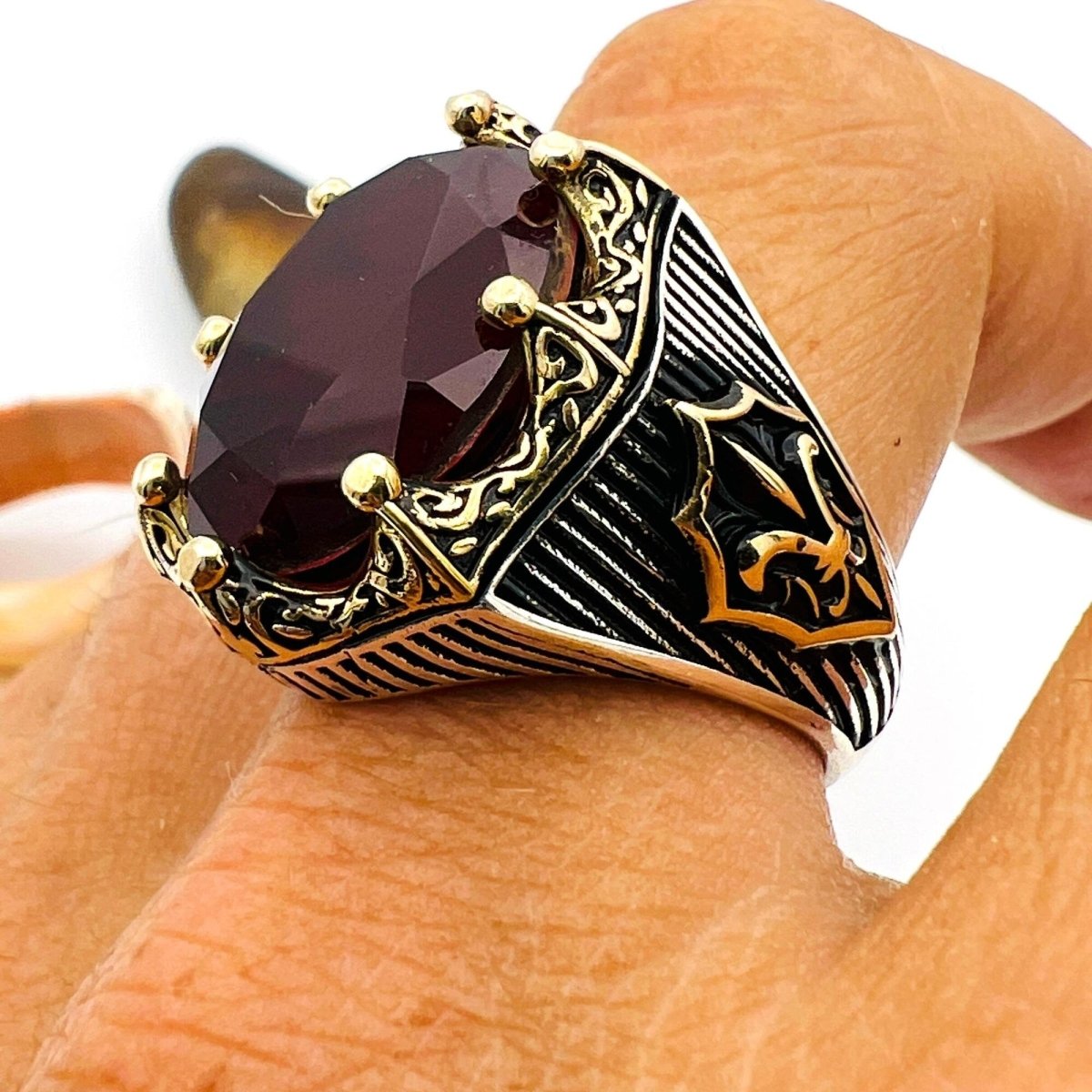 Dark Red Tourmaline Oval Stone Men's Ring