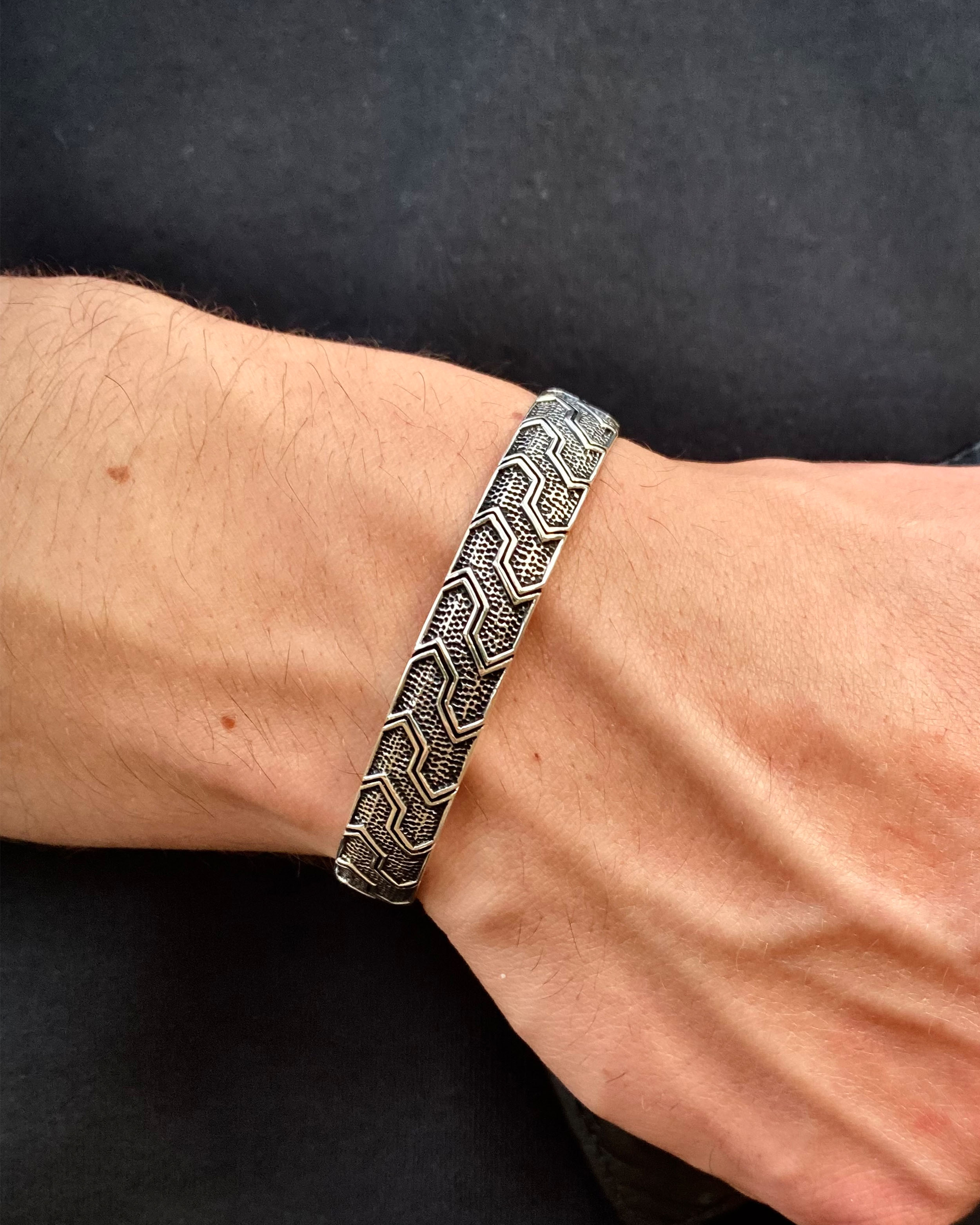 Oxidized Sterling Silver Geometric Cuff Bracelet - Adjustable, Handcrafted