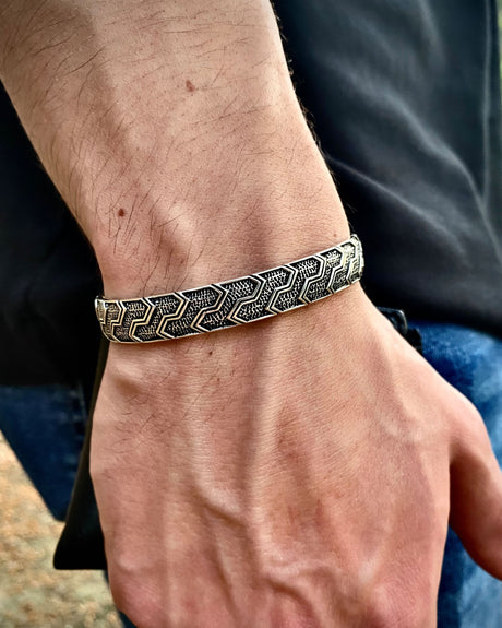 Oxidized Sterling Silver Geometric Cuff Bracelet - Adjustable, Handcrafted