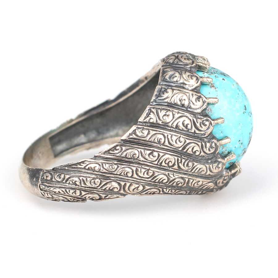925 Sterling Silver Men's Ring with Oval Turquoise & Hand Engraving