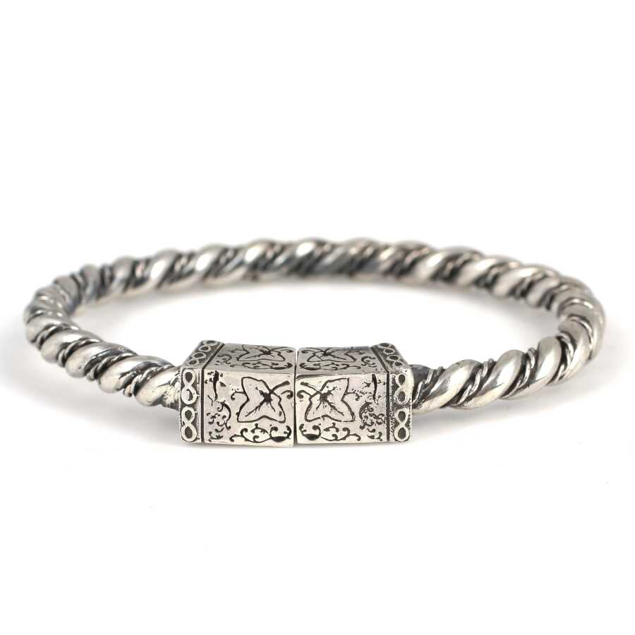 925 Sterling Silver Twisted Leaf Motif Bangle with Square Stones