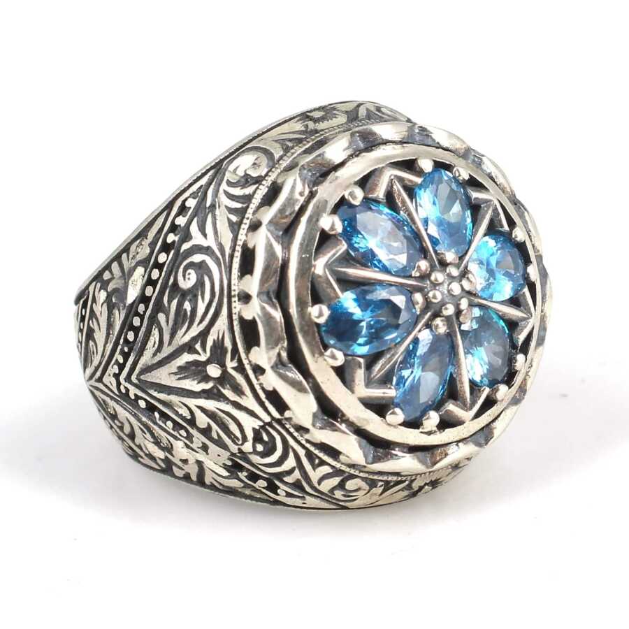 925 Sterling Silver Hand-Engraved Men's Ring with Teardrop Aquamarine Zircon