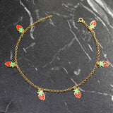925 Sterling Silver Enamel Strawberry Charm Anklet - Summer Style