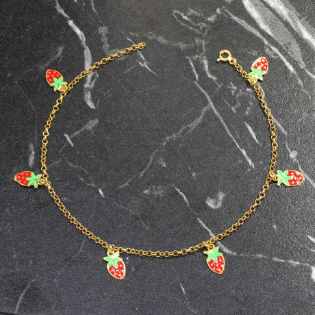 925 Sterling Silver Enamel Strawberry Charm Anklet - Summer Style