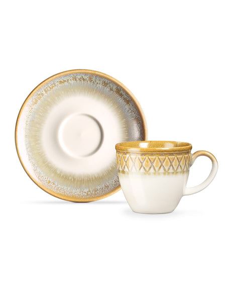 Porcelain 6-Person Coffee Cup Set - Antique Cream & Terracotta Design