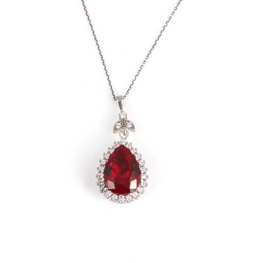 Sterling Silver Teardrop Ruby Zircon Halo Pendant Necklace