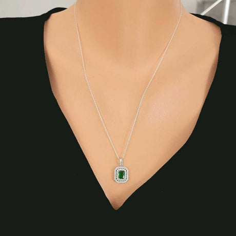 Sterling Silver Double Row Halo Emerald Zircon Necklace