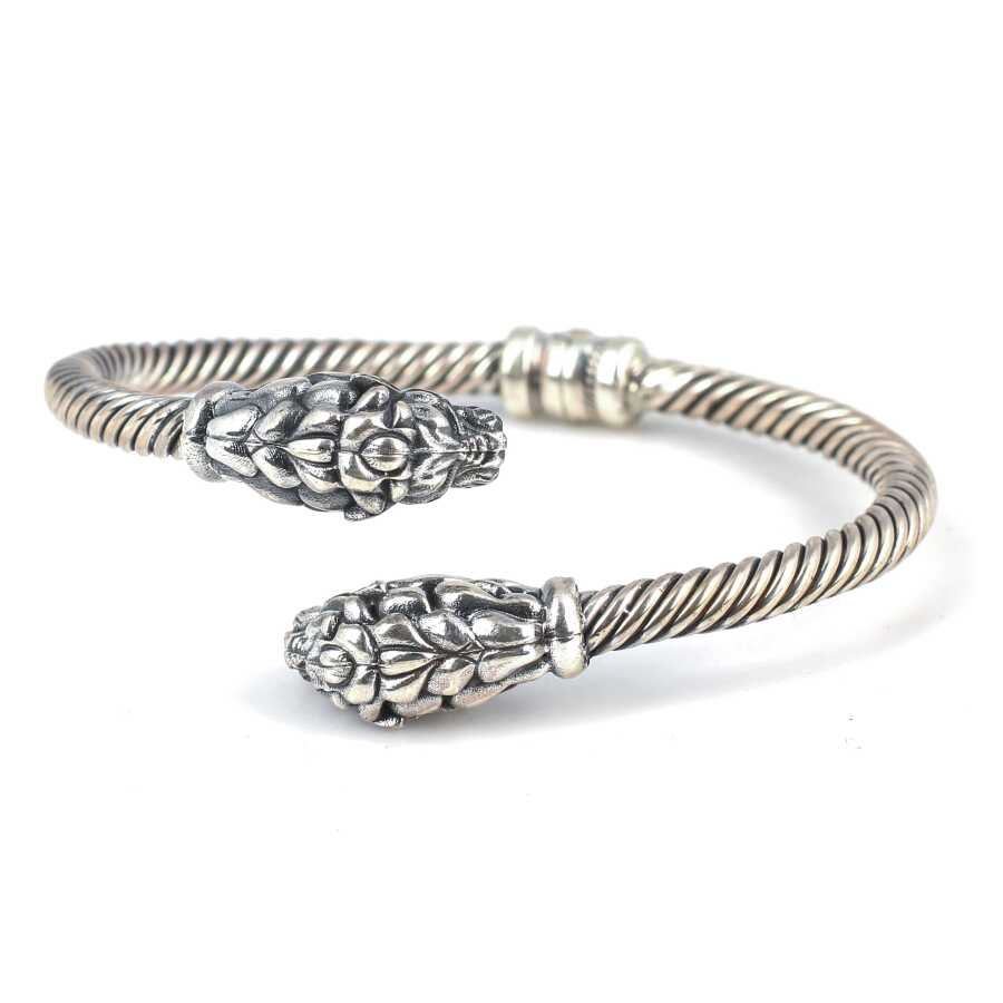 925 Sterling Silver Men's Twisted Bracelet with Lion Head Design