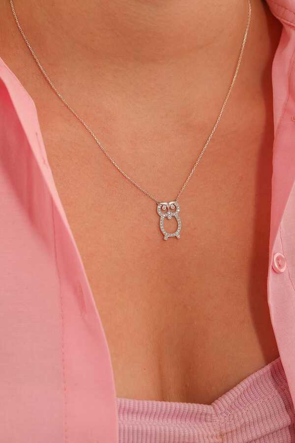 Sterling Silver Owl Pendant Necklace - White Zircon & Wisdom Symbol