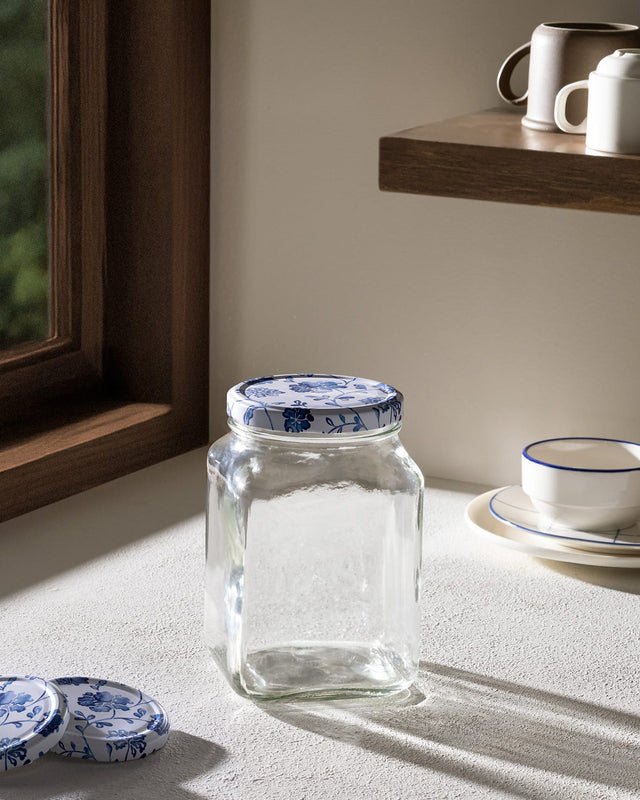 Square Glass Food Storage Jar with Blue Floral Design - 1600 ml
