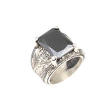 925 Sterling Silver Men's Ring - Rectangular Onyx, Hand-Engraved