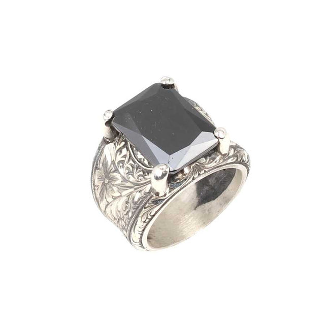 925 Sterling Silver Men's Ring - Rectangular Onyx, Hand-Engraved
