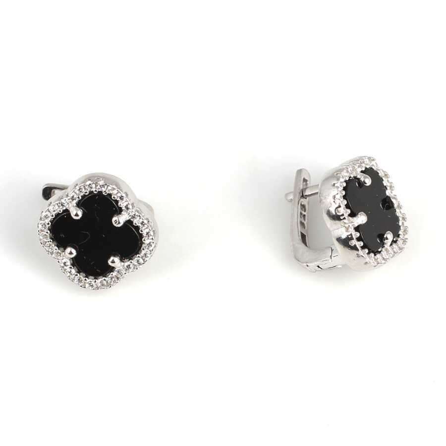 Elegant 925 Sterling Silver Clover Onyx Stud Earrings with Zircon Accents