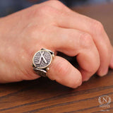 925 Sterling Silver & Bronze Men's Ring - Etched Cepni Symbol