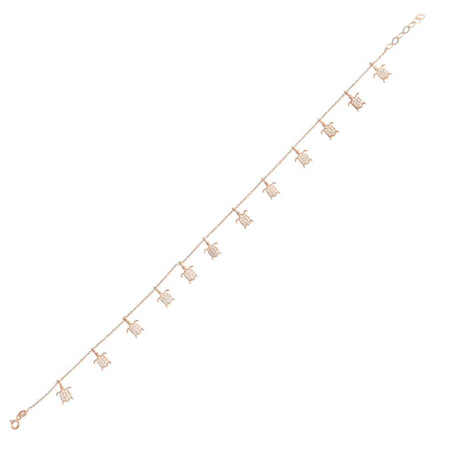 Rose Sterling Silver Turtle Anklet with Zircon Accents