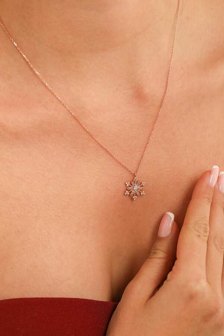 Premium 925 Sterling Silver Floral Snowflake Necklace White Stone