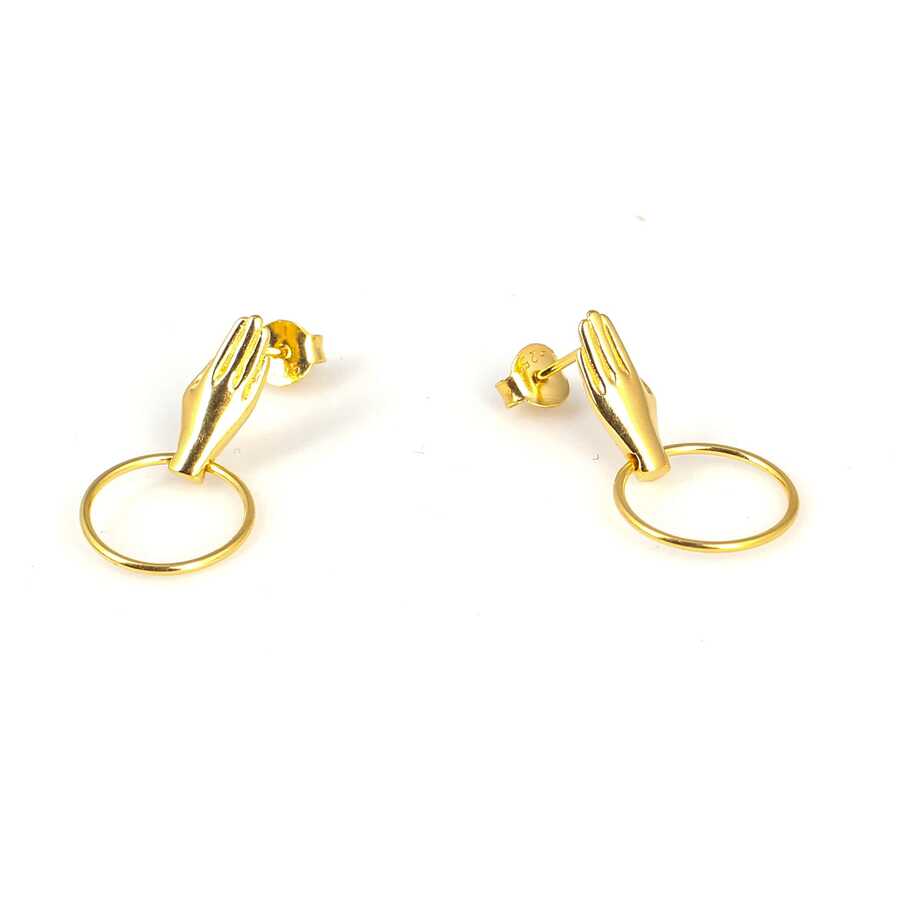 Elegant 925 Sterling Silver Hand Holding Hoop Earring Yellow Gold Plated