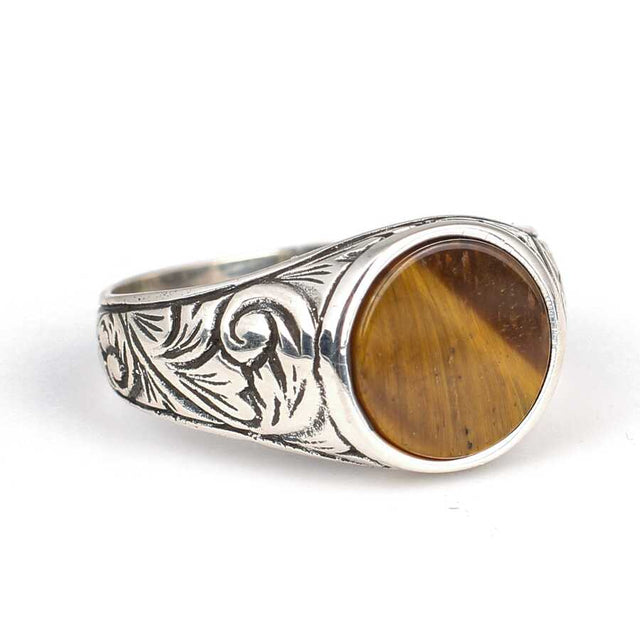 925 Sterling Silver Men's Ring - Round Tiger's Eye