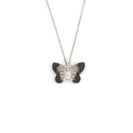 Sterling Silver Butterfly Pendant Necklace - Black Zircon