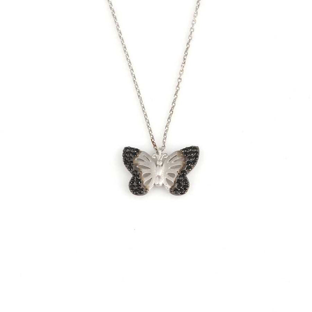 Sterling Silver Butterfly Pendant Necklace - Black Zircon