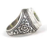 925 Sterling Silver Peridot Men's Ring - Floral Engraved