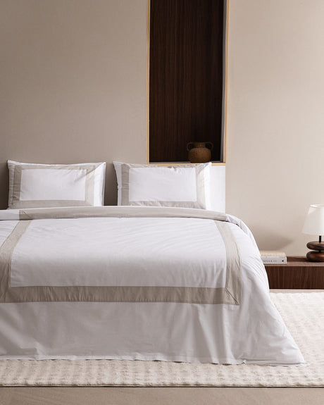100% Cotton Queen Size Duvet Cover Set - Soft White & Stone Bedding
