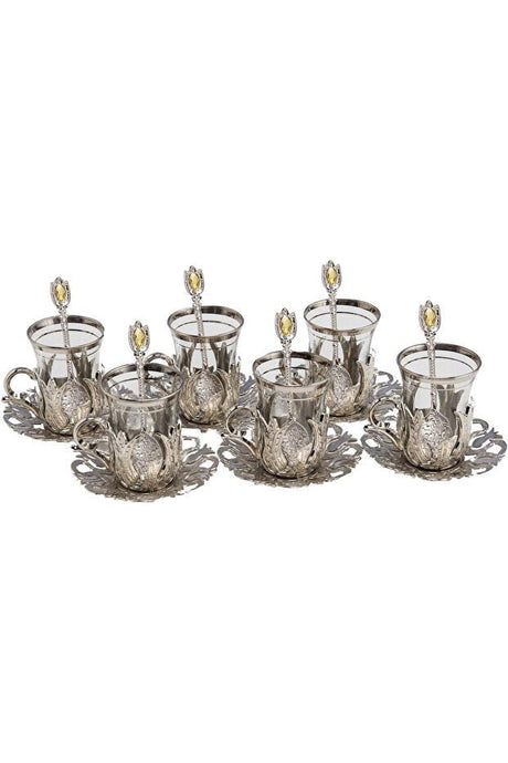 Demmex Professional Turkish Tea Glass Set - Brass Holders & Silver Spoons - 24 Pieces - TryAladdin