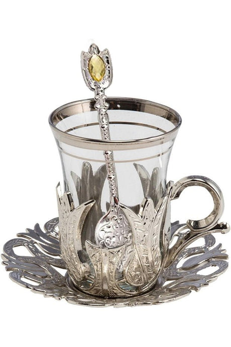 Demmex Professional Turkish Tea Glass Set - Brass Holders & Silver Spoons - 24 Pieces - TryAladdin