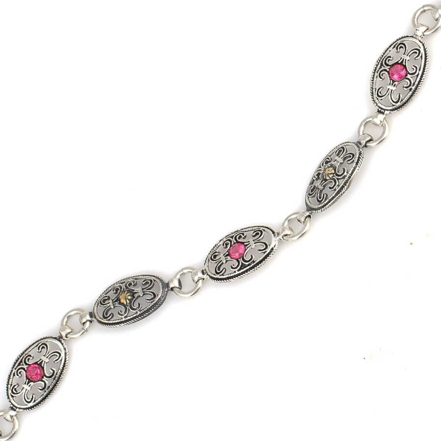Sterling Silver & Bronze Antique Bracelet - Red Zircon Oval Design