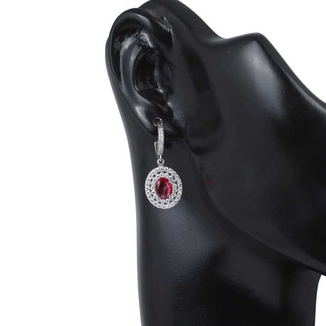 925 Sterling Silver Double Row Oval Ruby-Colored Zircon Halo Earrings