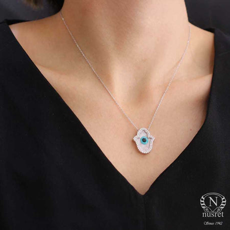 Sterling Silver Mother of Pearl Hand of Fatima Evil Eye Pendant Necklace