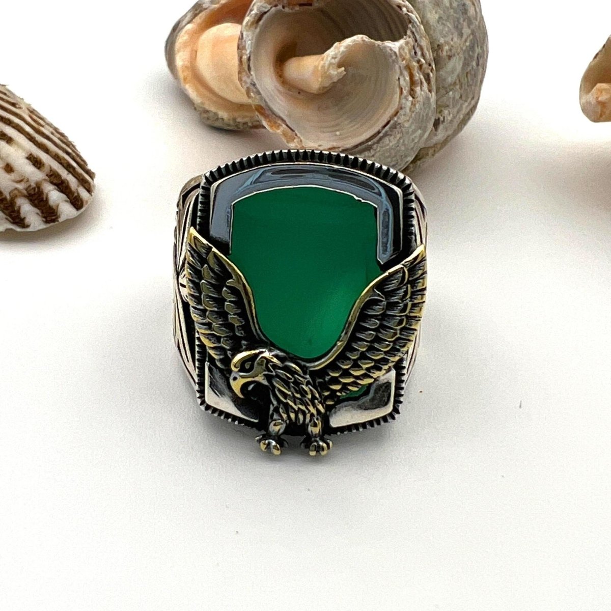 Distinctive Men's Handmade 925 Sterling Silver Agate Eagle Ring - Turkish Artisan Gemstone Jewelry - TryAladdin