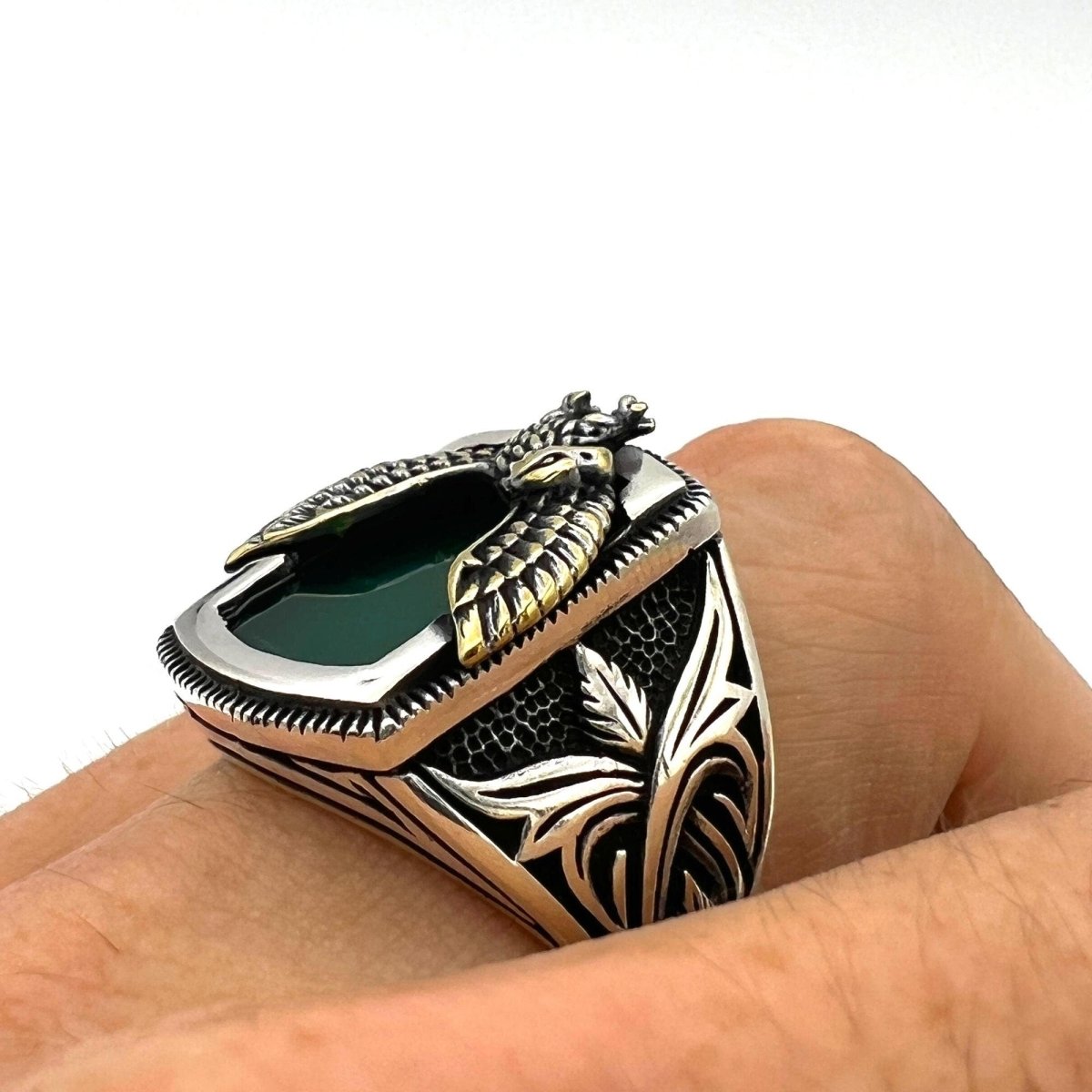 Distinctive Men's Handmade 925 Sterling Silver Agate Eagle Ring - Turkish Artisan Gemstone Jewelry - TryAladdin