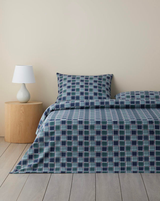 Premium Easy Iron Dotty Gingham Double Duvet Cover Set Dark Blue Green