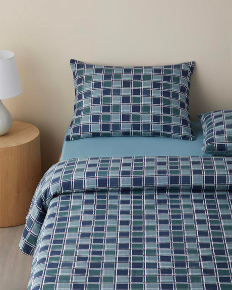 Premium Easy Iron Dotty Gingham Double Duvet Cover Set Dark Blue Green