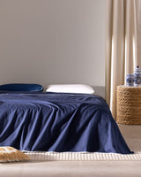 Double 100% Cotton Piped Bed Blanket - Soft & Breathable Summer Throw - Navy White - TryAladdin